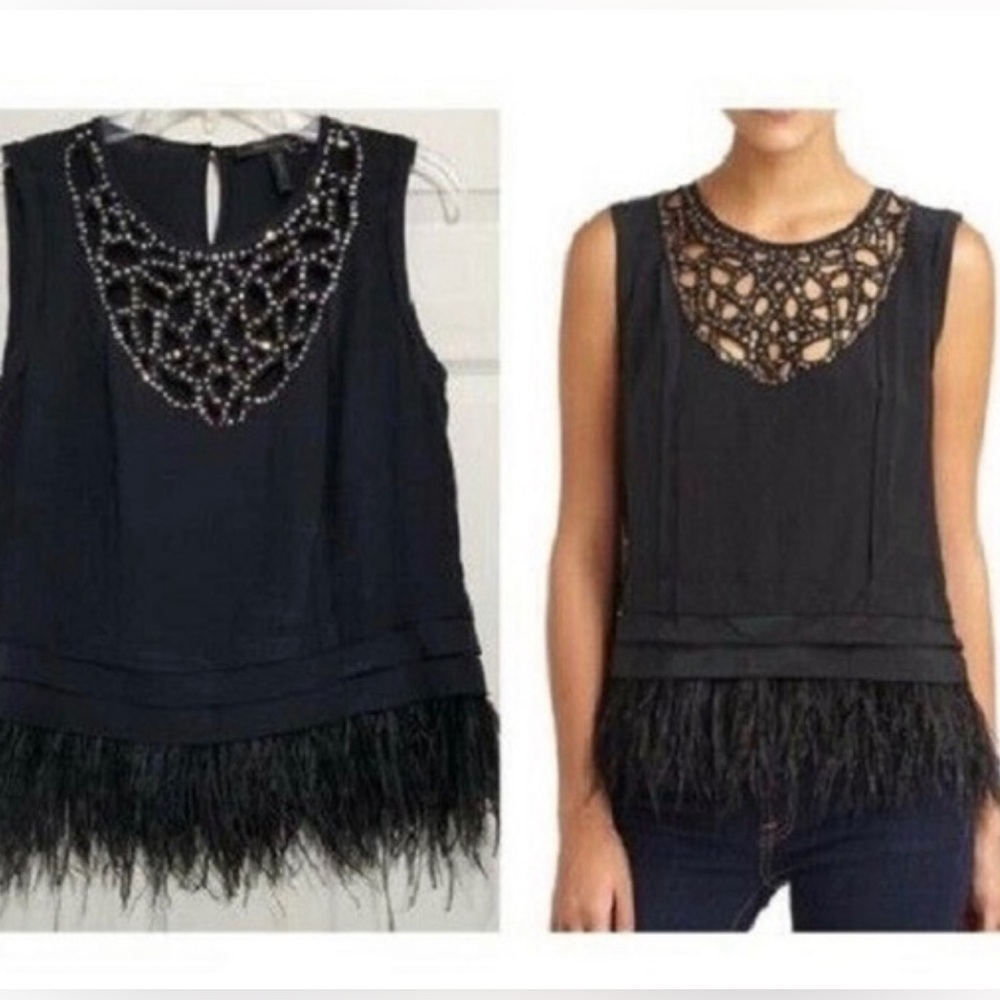 BCBMAXAZRIA Sequin Top with Genuine Ostrich Feather trim Beaded Detail
